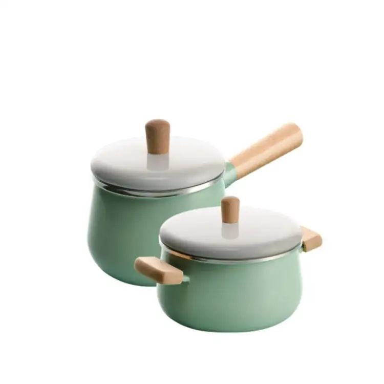 High quality tradition enamel cast iron camping pot set cookware with wood handle for turkish kitchen accessories