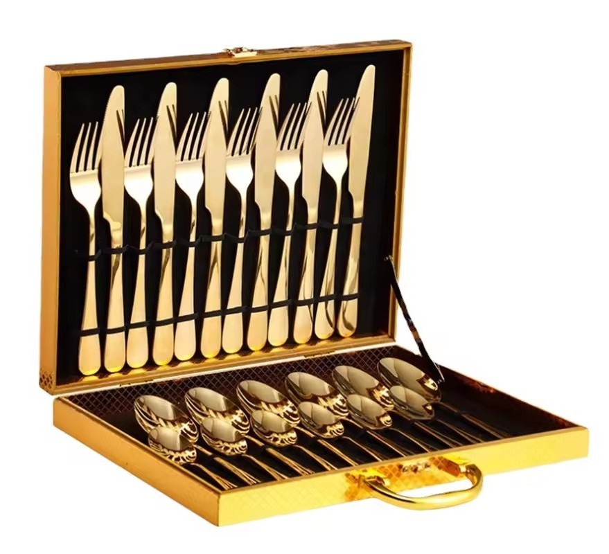 Cutlery Set Knife Fork Spoon Flatware Set Stainless Steel Luxury Gold 24pcs Travel Giftbox Dinnerware Sets Provided for 2 Users