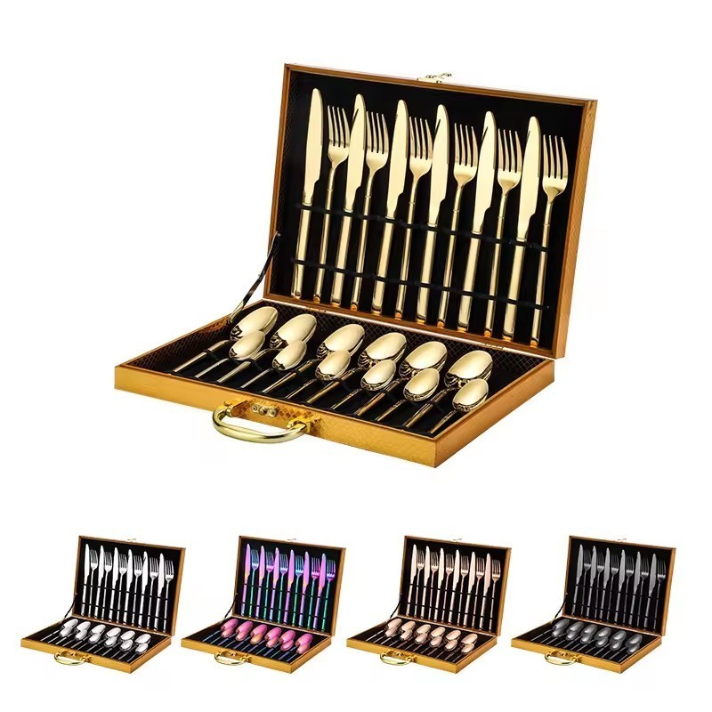 Cutlery Set Knife Fork Spoon Flatware Set Stainless Steel Luxury Gold 24pcs Travel Giftbox Dinnerware Sets Provided for 2 Users