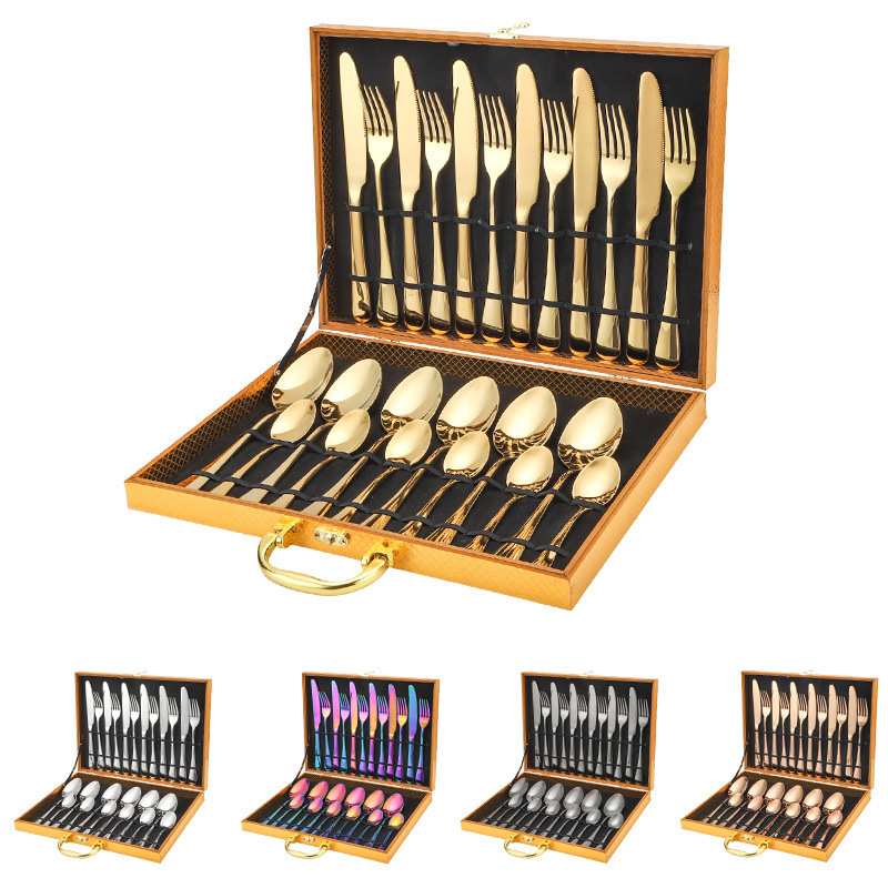 Cutlery Set Knife Fork Spoon Flatware Set Stainless Steel Luxury Gold 24pcs Travel Giftbox Dinnerware Sets Provided for 2 Users