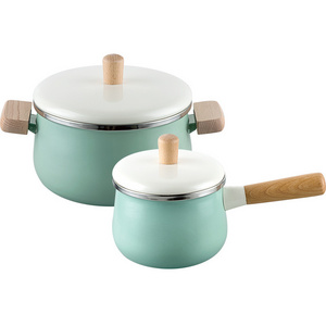 High quality cooks tradition enamel camping pot set cookware with wood handle for turkish kitchen enamel milk pot