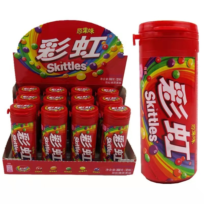 China Hot Selling Sweet 30g Exotic Snacks Candy Toys Multicolor Mixed Fruit Flavor Skittless Glue Free Chocolate Fruit Candies