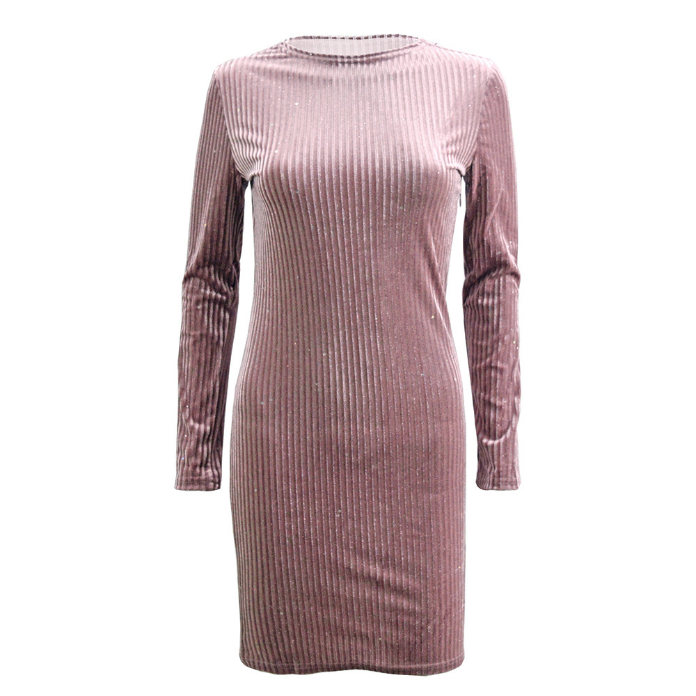 Stand Collar Pink Velvet Long Sleeve Gold Solid Color 2023 Elegant Shorts Shine Dress For Women