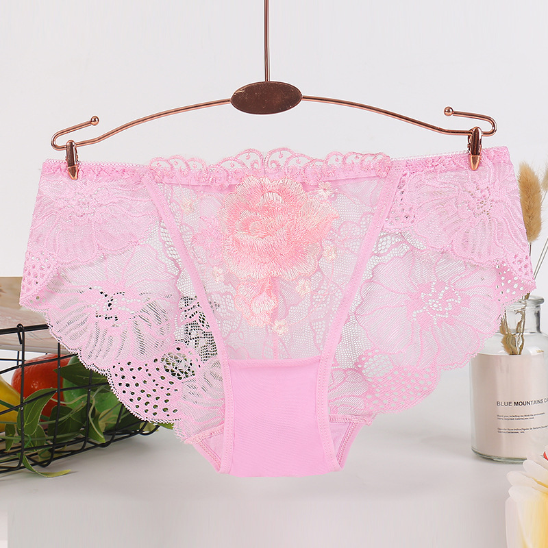 New Mid-Waist Plus Size Embroidery Flowers Breathable Sexy Panty Lace Transparent With Hole