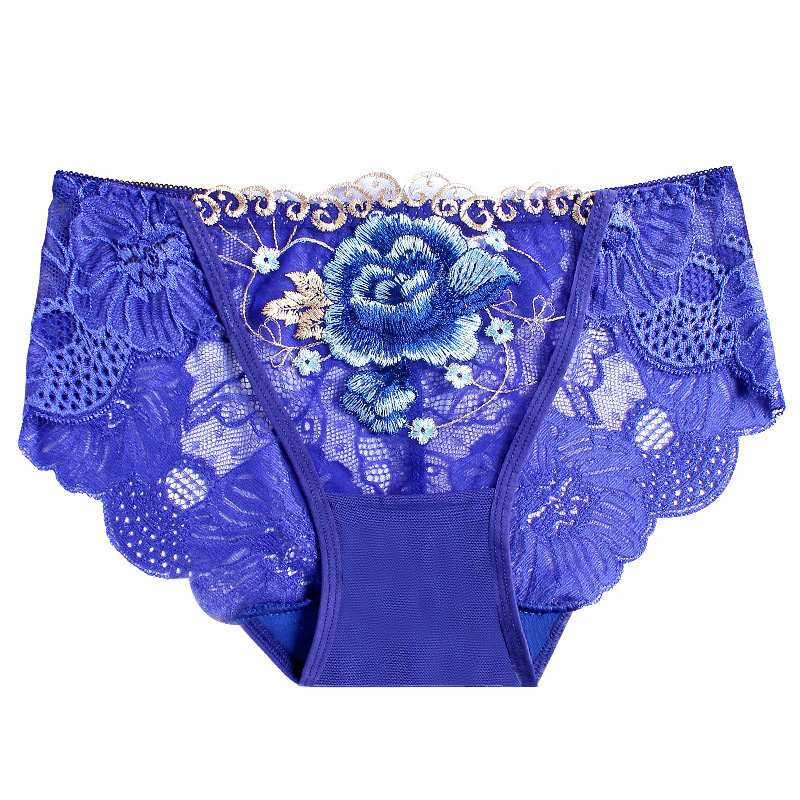 New Mid-Waist Plus Size Embroidery Flowers Breathable Sexy Panty Lace Transparent With Hole