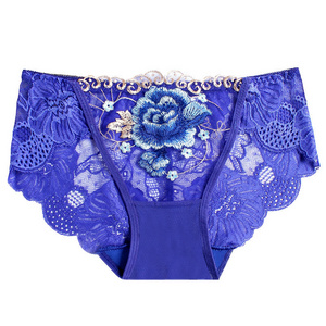 New Mid-Waist Plus Size Embroidery Flowers Breathable Sexy Panty Lace Transparent With Hole