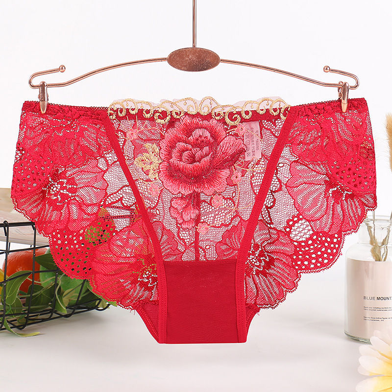 New Mid-Waist Plus Size Embroidery Flowers Breathable Sexy Panty Lace Transparent With Hole