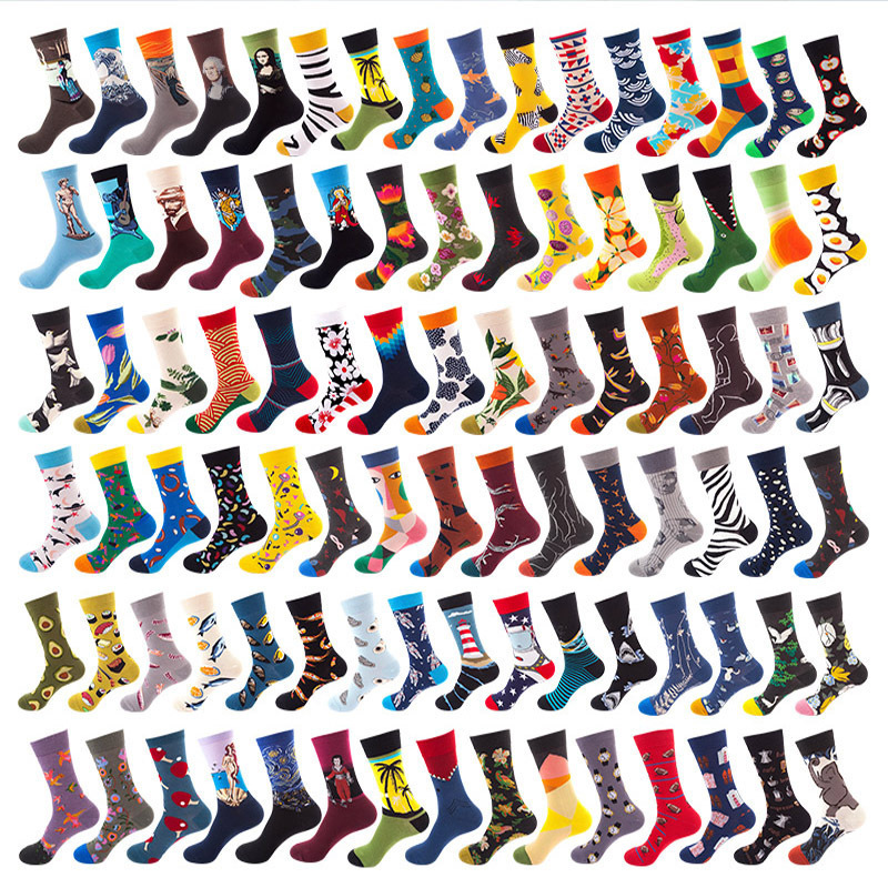 SHANXIN low MOQ cheap multi-style crew all over printed custom logo happy socks