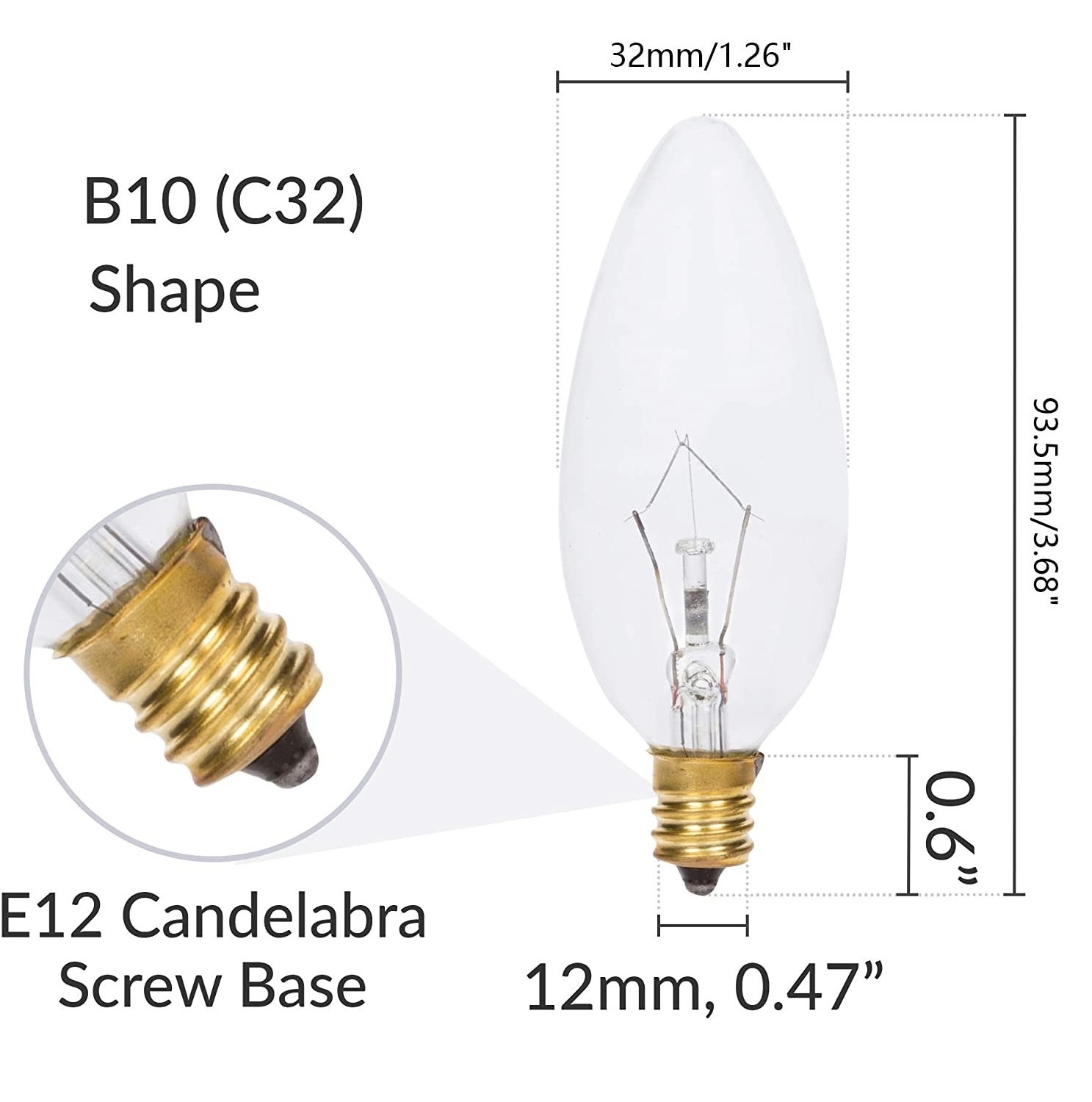 Blunt Tip Candle Crystal Chandelier Clear Incandescent Light Bulbs B10 25W E12 Candelabra Screw Base Decorative Vintage Bulb C32