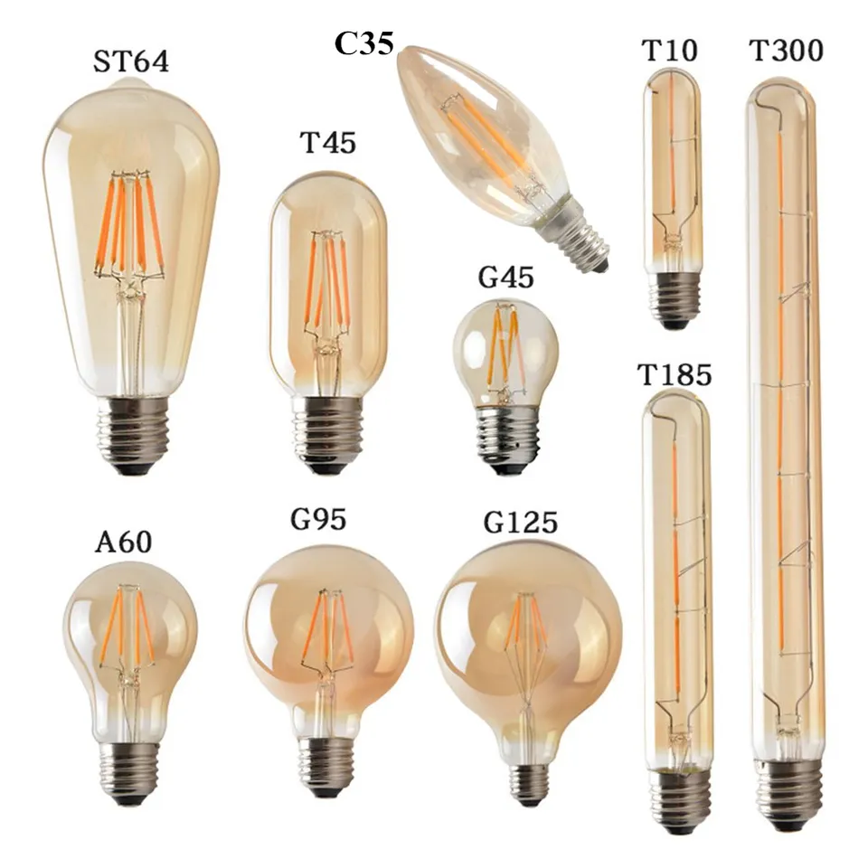 C35 G45 T30 T45 ST64 A60 G80 G95 G125 Dimmable Vintage LED filament edison light bulb E26 E27 B22 2700K 3000K 4000K led lamp