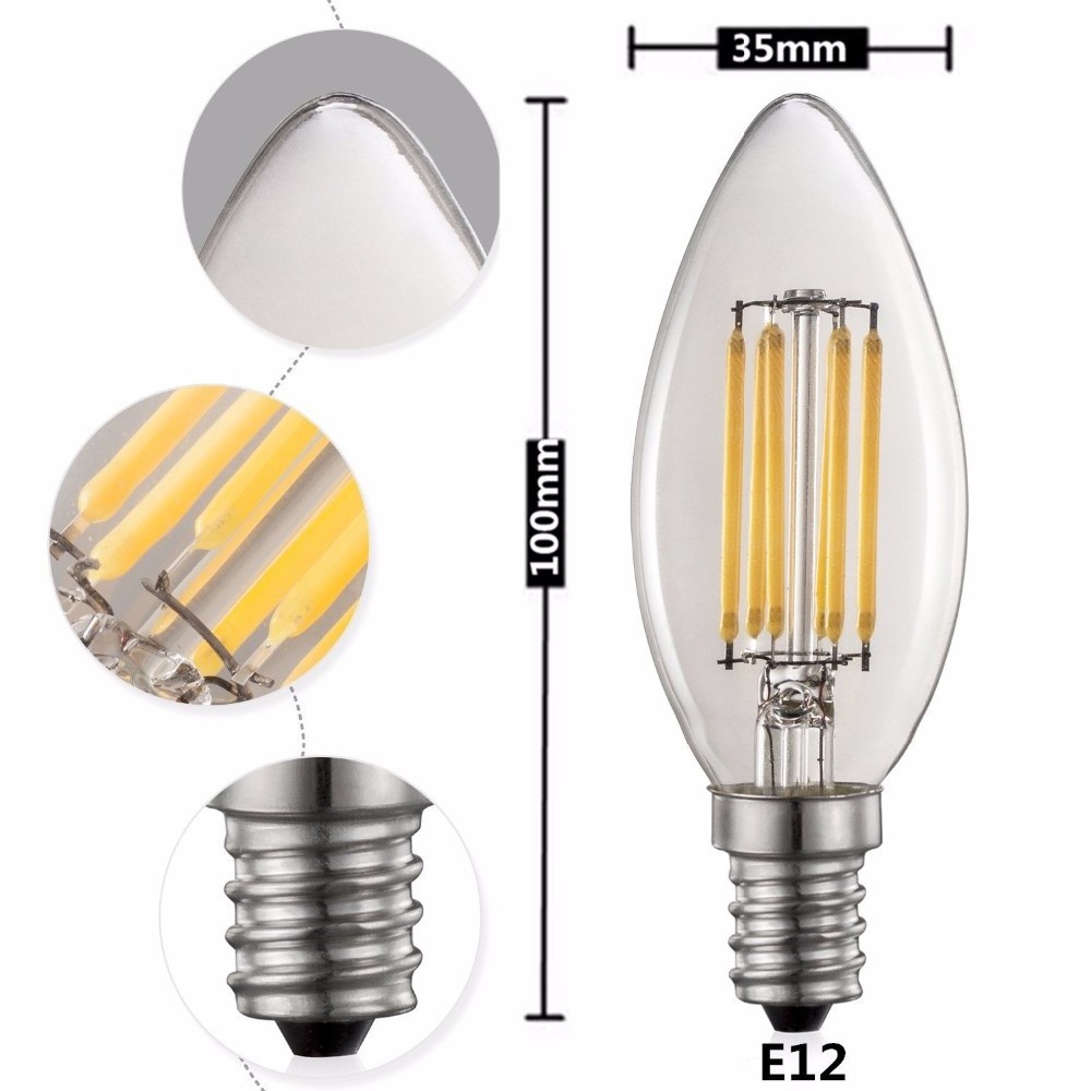 Retro Lamp LED Candle Bulb C35 E12 E14 E26 E27 B15 B22 Base 2W 4W 6W Clear Glass Soft Warm White LED Filament Edison Light Bulb