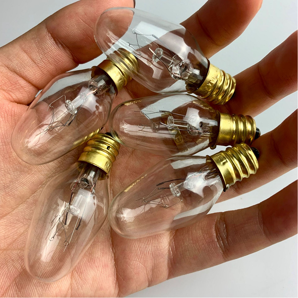 Flat Top Style Mini Candle Night Light Bulbs Clear Glass C7 Christmas Lights 7 watt E12 Candelabra Base Replacement Bulbs