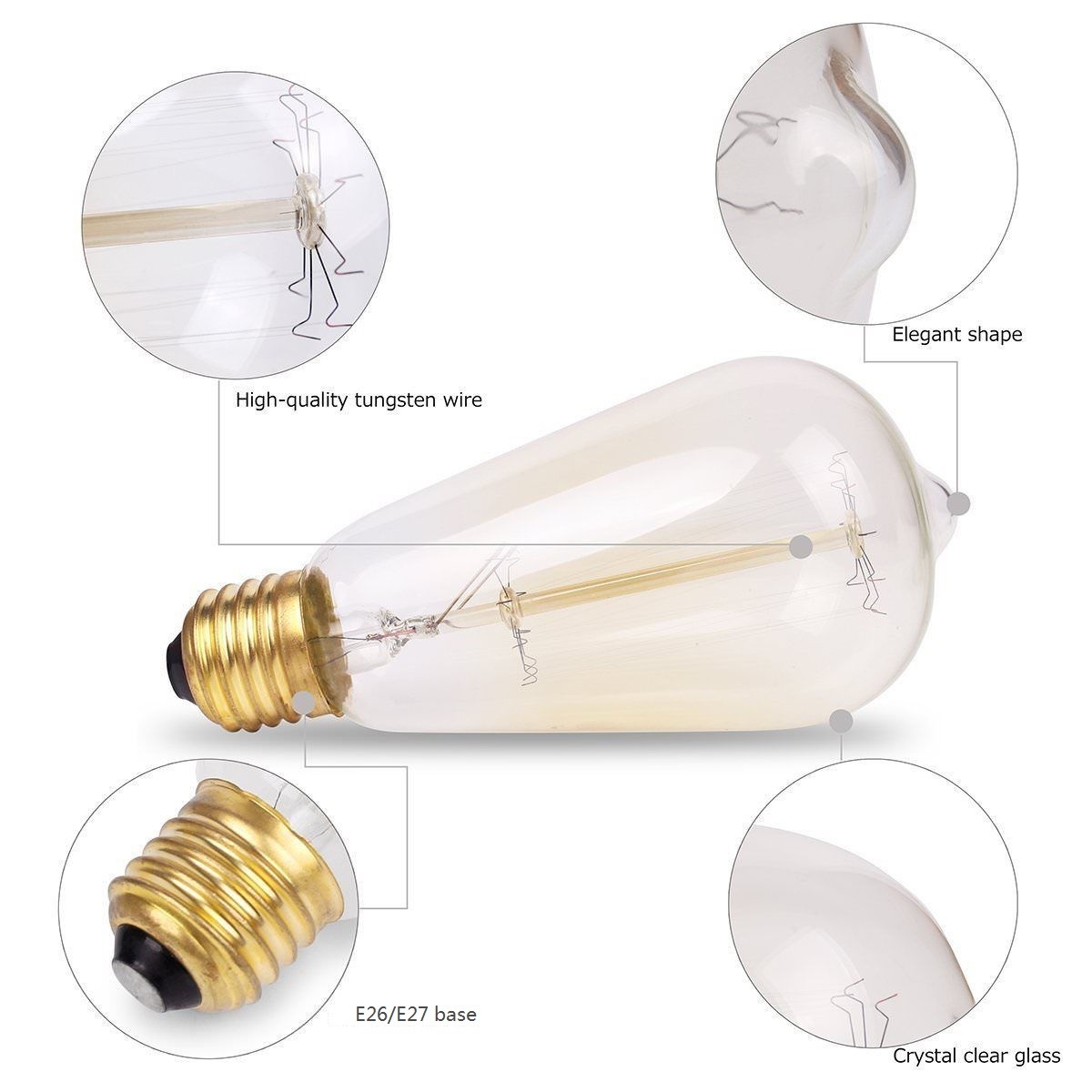 Amber Glass Dimmable Antique Filament Lamp Lightbulb 60W 2100K E26 Base ST64 Vintage Incandescent Edison Old Fashion Light Bulbs