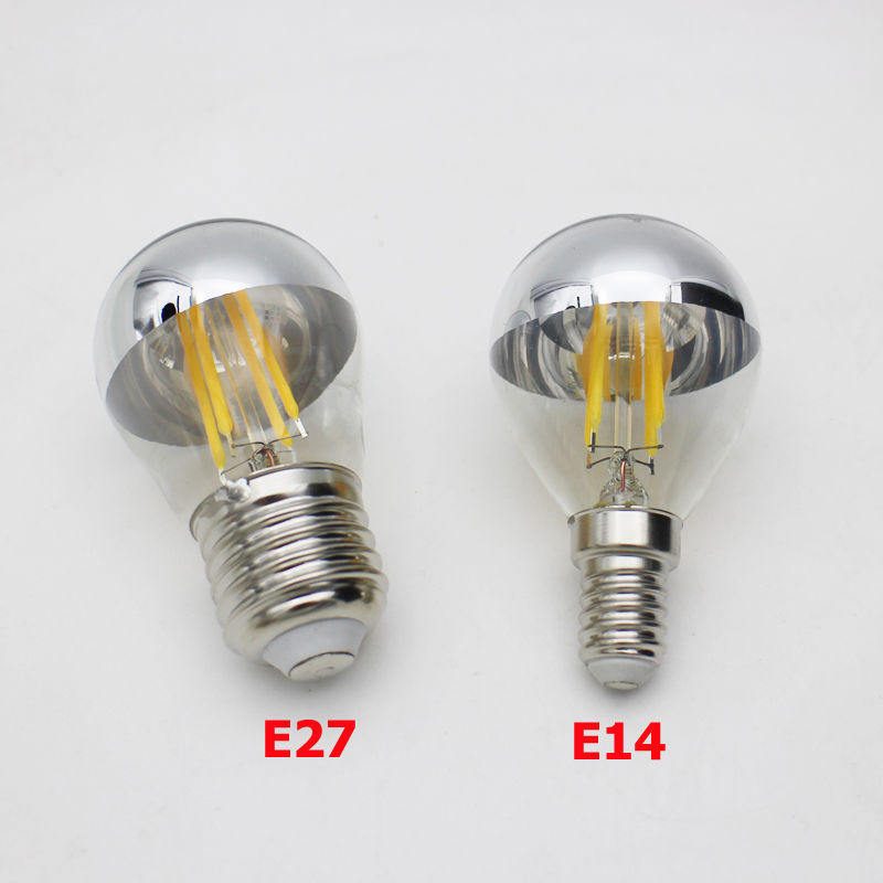 Customized mirror half silver led filament globe bulb G45 e14 e27 dimmable half chrome light bulb 2 watt 4 watt led Edison lamps