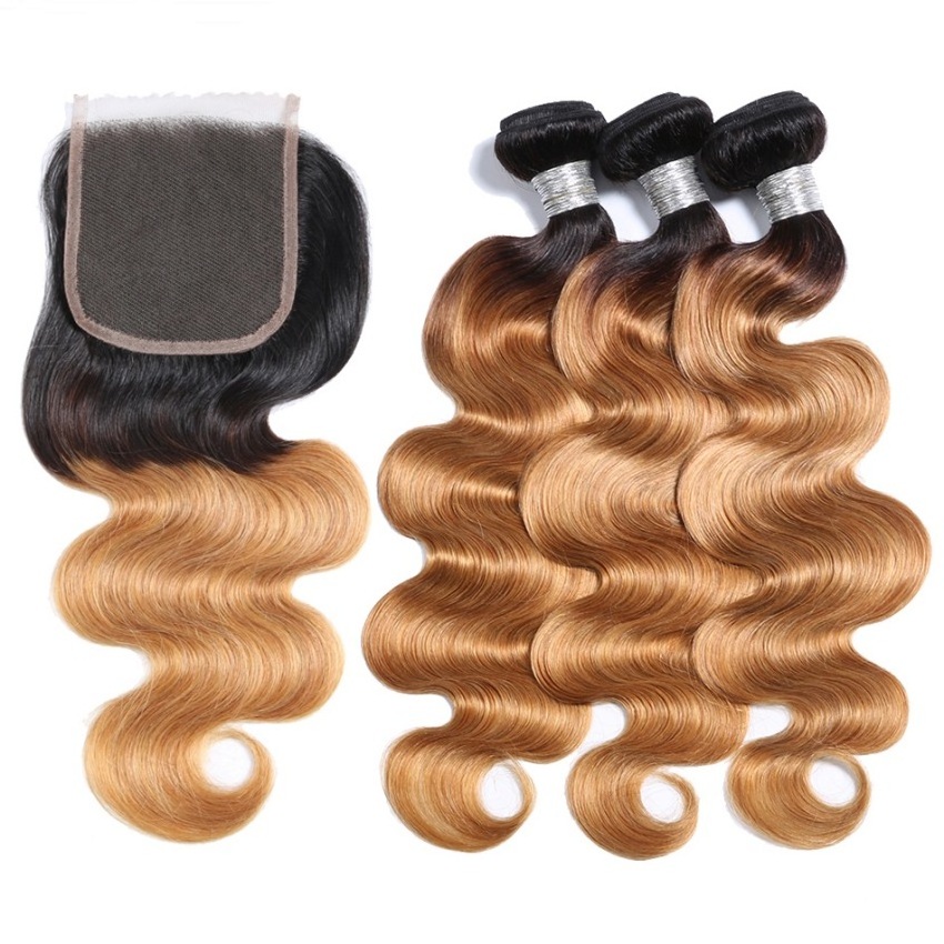 Ombre Brazilian Hair Bundles with closure Human Virgin Hair Weaves 100% Unprocessed Body Wave Human Hair