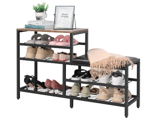 5-Tier Shoe Rack Bench with Seat - Entryway Storage Organizer in Industrial Design Brown Black