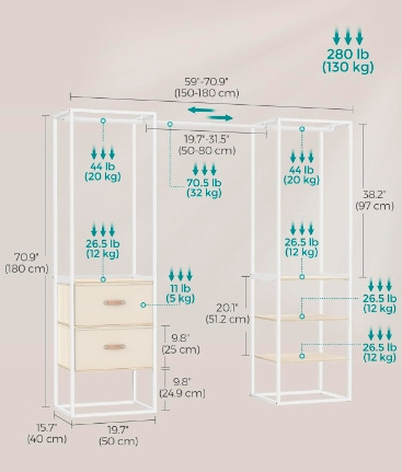 Wardrobe Closet Heavy Duty Clothes Rack Iron and Wood Portable Closet 2 Drawers and 4 Shelves