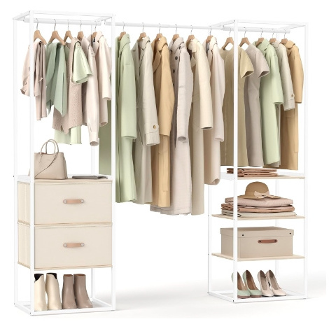 Wardrobe Closet Heavy Duty Clothes Rack Iron and Wood Portable Closet 2 Drawers and 4 Shelves