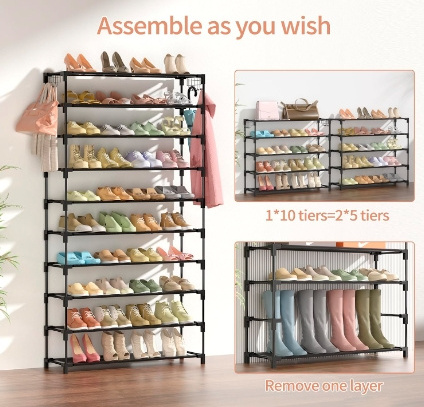 10 Tiers Shoe Rack 50 Pairs Large Capacity Tall Shoe Organizer Sturdy Shoe Storage with Two Hooks Space Saving Metal