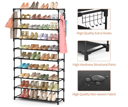 10 Tiers Shoe Rack 50 Pairs Large Capacity Tall Shoe Organizer Sturdy Shoe Storage with Two Hooks Space Saving Metal