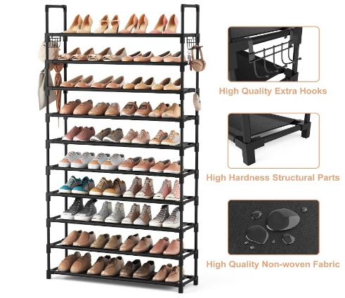 10 Tiers Shoe Rack 50 Pairs Large Capacity Tall Shoe Organizer Sturdy Shoe Storage with Two Hooks