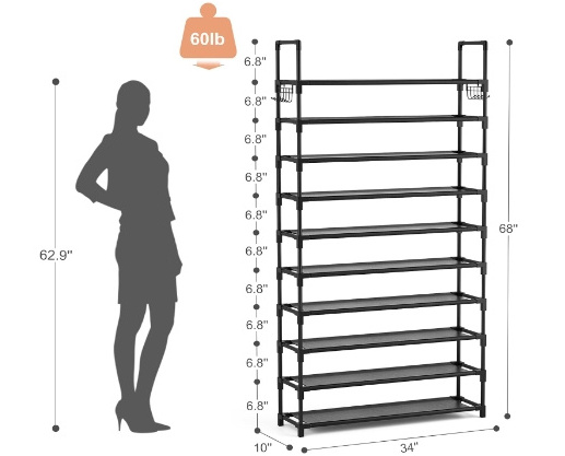 10 Tiers Shoe Rack 50 Pairs Large Capacity Tall Shoe Organizer Sturdy Shoe Storage with Two Hooks