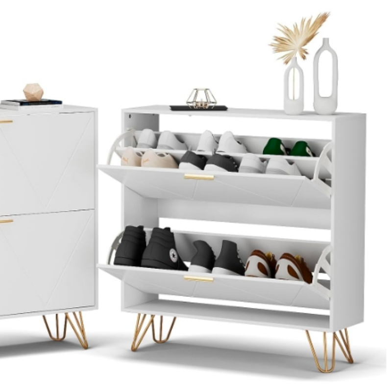 Shoe Cabinet with 2 Flip Drawers Entryway Shoe Storage Cabinet Slim White and Gold Narrow Shoe Cabinet w/Metal Legs