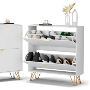 Shoe Cabinet with 2 Flip Drawers Entryway Shoe Storage Cabinet Slim White and Gold Narrow Shoe Cabinet w/Metal Legs