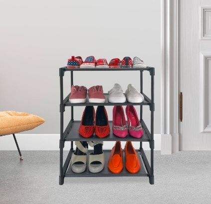 4 Tiers Small Shoe Rack Narrow Stackable Shoe Shelf Organizer Sturdy Shoe Stand Non-Woven Fabric Metal Free Standing