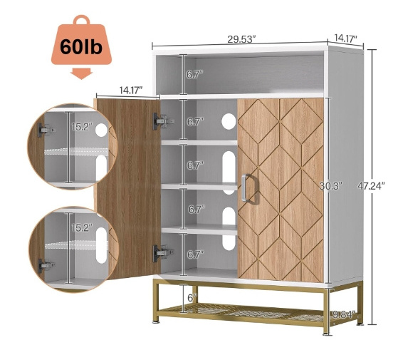 Shoe Cabinet with Doors 6 Tier 24 Pairs Shoe Storage Wooden Shoes Rack Organizer with Metal Legs and Led Light