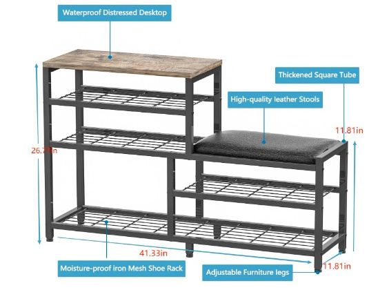 5-Tier Shoe Rack Bench with Seat - Entryway Storage Organizer in Industrial Design Brown Black