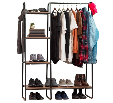 closet storage wardrobe Metal Garment Rack with Wood Shelves Black and Dark Brown large wardrobe accessories