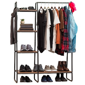 closet storage wardrobe Metal Garment Rack with Wood Shelves Black and Dark Brown large wardrobe accessories