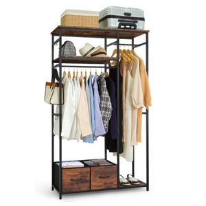 Heavy Duty Metal Open Wardrobe Free Standing Closet Organizer Metal Closet w/Wooden Boards