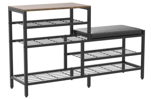 5-Tier Shoe Rack Bench with Seat - Entryway Storage Organizer in Industrial Design Brown Black