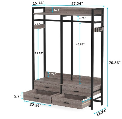 Wardrobe Closet Clothing Rack Heavy Duty Garment Rack with 4 Drawers for Bedroom Gray and Black