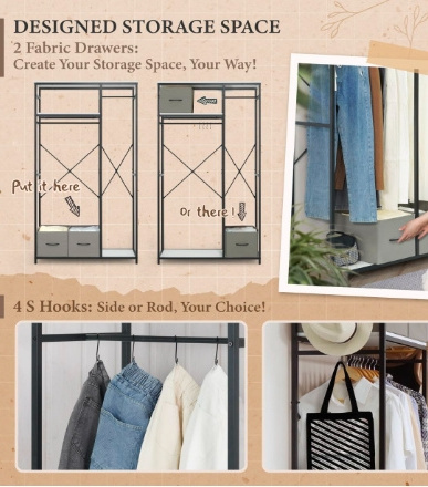 Heavy Duty Metal Open Wardrobe Free Standing Closet Organizer Metal Closet w/Wooden Boards