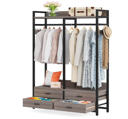 Wardrobe Closet Clothing Rack Heavy Duty Garment Rack with 4 Drawers for Bedroom Gray and Black