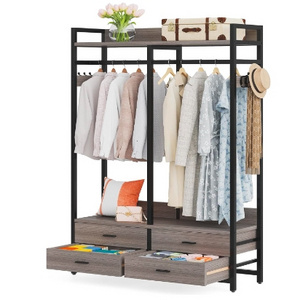 Wardrobe Closet Clothing Rack Heavy Duty Garment Rack with 4 Drawers for Bedroom Gray and Black