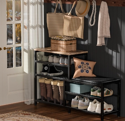 5-Tier Shoe Rack Bench with Seat - Entryway Storage Organizer in Industrial Design Brown Black