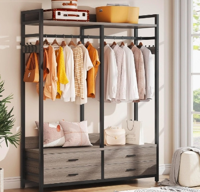 Wardrobe Closet Clothing Rack Heavy Duty Garment Rack with 4 Drawers for Bedroom Gray and Black