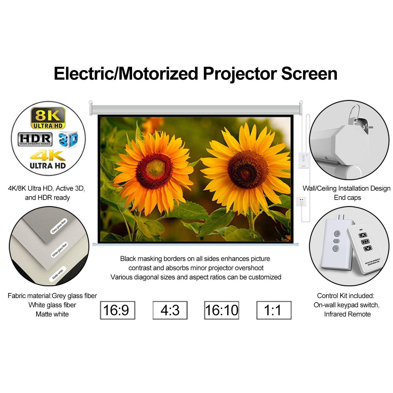 Motor projector screen 1:1  roll up automatic 60 72  84  92 100 120  150  motorized projector screen