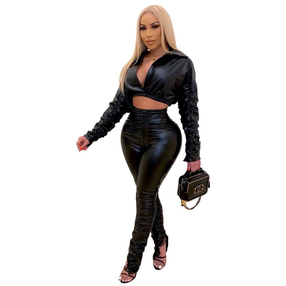 BR1632 PU Leather Split Hem Stacked Pants Leggings and Crop Top 2021 2 piece club outfits for women sexy