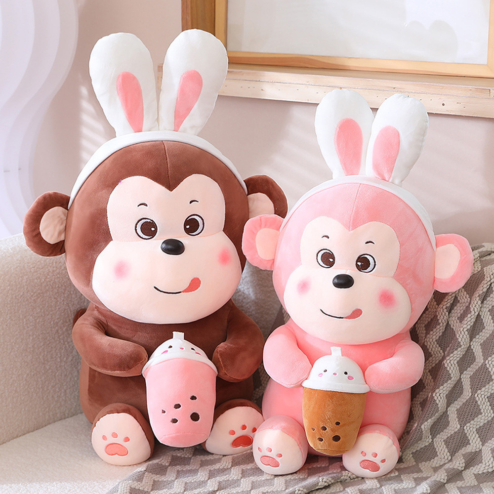 Kawaii Cartoon Monkey Holding Boba Cup Plush Toys Stuffed Animal Creative Bubble Tea Plushie Doll Birthday Gifts for Kids Girls