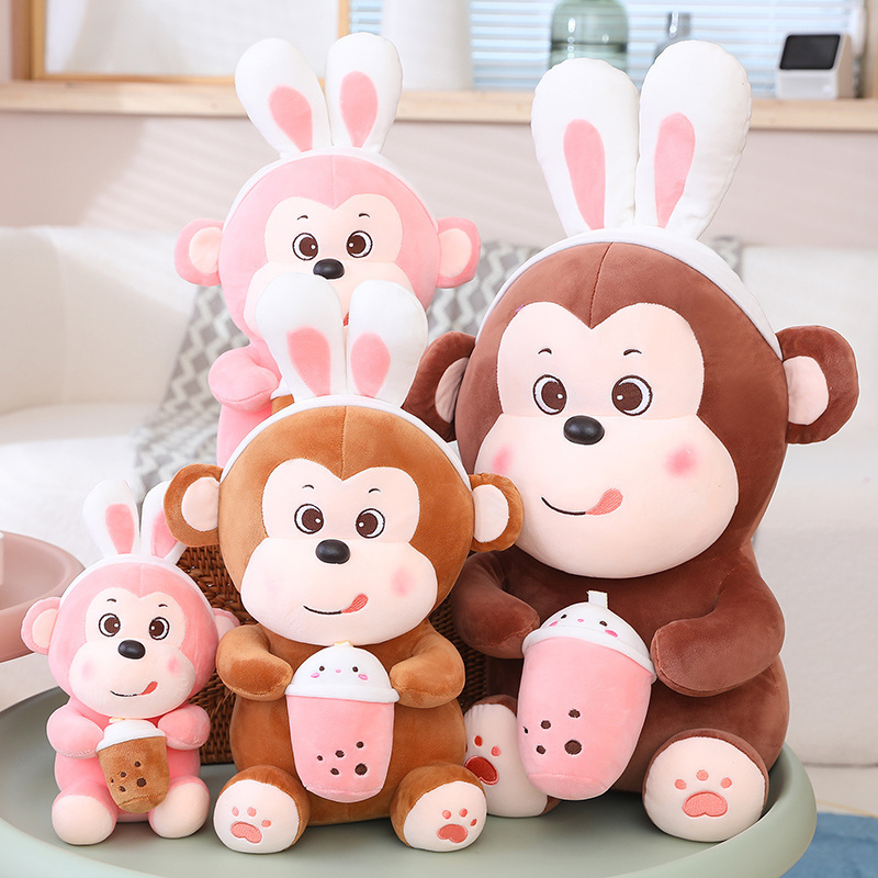 Kawaii Cartoon Monkey Holding Boba Cup Plush Toys Stuffed Animal Creative Bubble Tea Plushie Doll Birthday Gifts for Kids Girls