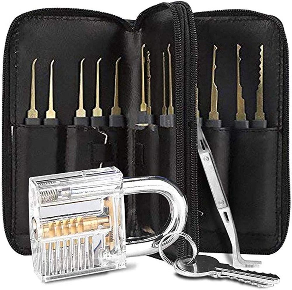 China manufacture Gun with 5 in 1 Credit Card 25 Piece Lock Pick Set Clear Practice Training Locks