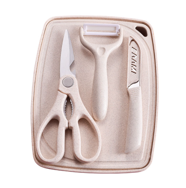 ECO-friendly Kitchen Gadget 5-Pieces wheat straw made fruit knife Scissors Grater Chopping Board Set