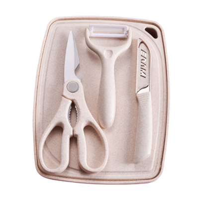 ECO-friendly Kitchen Gadget 5-Pieces wheat straw made fruit knife Scissors Grater Chopping Board Set