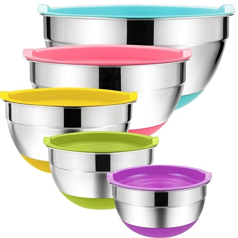 Top selling Stainless Steel Salad Bowl Heat Insulated Non-Slip Bottom Rice Soup Mixing Bowls Set with Airtight Lids