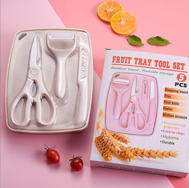 ECO-friendly Kitchen Gadget 5-Pieces wheat straw made fruit knife Scissors Grater Chopping Board Set